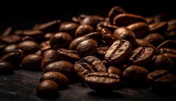 ai genererad färsk kaffe bönor på en trä- tabell, mörk och aromatisk genererad förbi ai foto