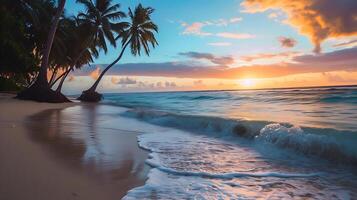 ai genererad solnedgång över strand med handflatan träd. generativ ai. foto