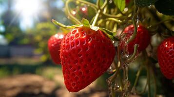 ai genererad jordgubbar på en gren med dagg droppar, närbild foto