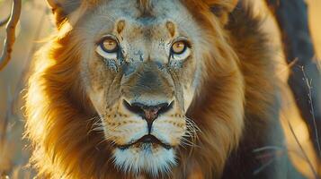 ai genererad majestätisk lejon fångad med intensiv blick och suddig savann bakgrund foto