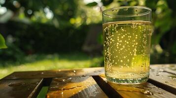 ai genererad uppfriskande citronsaft glas fångad med 50mm lins i frodig bakgård miljö foto