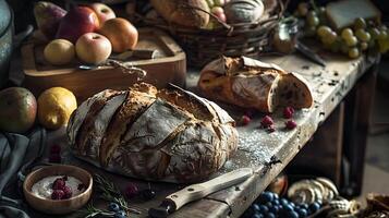 ai genererad riklig skörda rustik tabell uppsättning med färgrik frukt och grönsaker upplyst förbi mjuk naturlig ljus foto