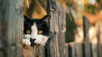 ai genererad nyfiken katt kamrater genom rustik staket i idyllisk trädgård foto
