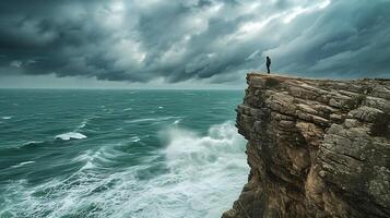 ai genererad beslutsam figur ansikten turbulent hav symboliserar styrka och uthållighet foto