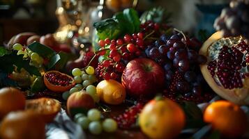 ai genererad vibrerande tabell spridning färgrik frukt och grönsaker fångad i närbild makro detalj foto