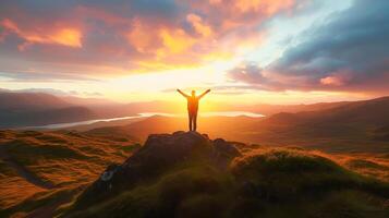 ai genererad förnyelse och bemyndigande silhouetted figur ansikten stigande Sol atop berg lugn dal Nedan hoppfull himmel foto