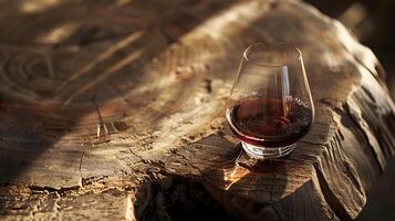 ai genererad rustik atmosfär röd vin glas i mjuk naturlig ljus på trä- tabell foto