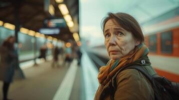 ai genererad tunnelbana pendlare väntar förbi tåg med bakgrund folkmassan och vägg annonser fångad i närbild 50mm skott foto