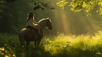 ai genererad djup förbindelse i frodig skog person och häst omfamning lugn mitt i mild solljus och lugnande natur ljud foto