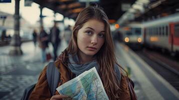 ai genererad förbryllad ung kvinna på tåg station väger Karta med fullt med folk plattform och närmar sig tåg foto