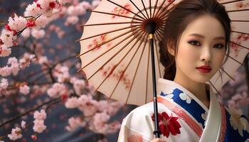 ai genererad skön geisha i traditionell Kläder med körsbär blomma paraply genererad förbi ai foto