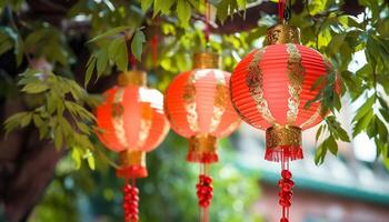 ai genererad kinesisk lyktor hängande från träd belysa traditionell festival firande genererad förbi ai foto