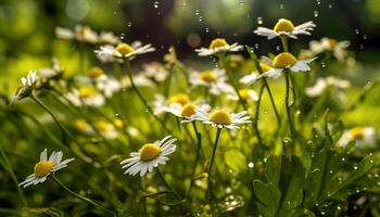 ai genererad friskhet av sommar äng, grön, gul, tusensköna, kamomill genererad förbi ai foto