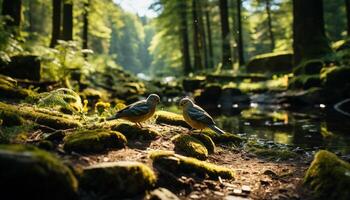 ai genererad fågel perching på gren, omgiven förbi grön lövverk genererad förbi ai foto