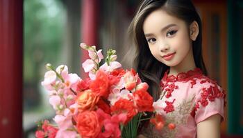ai genererad en glad flicka innehav en blomma, leende med elegans och skönhet genererad förbi ai foto