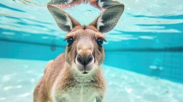 ai genererad rolig under vattnet scen känguru i slå samman spelar djup dyka handling, ai genererad. foto