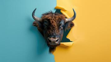 ai genererad en humoristisk bison kamrater genom en rev hål i en kontrast pastell Färg papper bakgrund, ai genererad foto