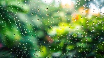 ai genererad blänkande regn droppar på fönster glas mot en suddig bakgrund, en lugn scen. ai genererad. foto