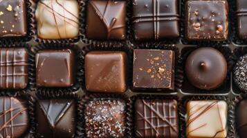 ai genererad blandad rader av annorlunda choklad sötsaker ordentligt anordnad i en låda, ai genererad foto