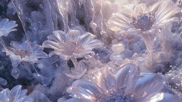 ai genererad en vinter- sagoland Utsmyckad med frostig is blommor, delikat snö, och blänkande kristaller en lugn mästerverk. ai genererad foto