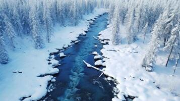 ai genererad en vinter- mästerverk utvecklas som en frysta flod slingrar genom en lugn, snökysst landskap. ai genererad foto