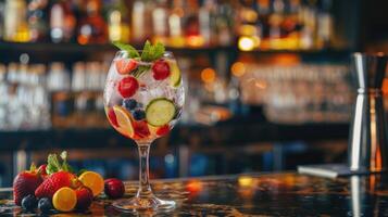 ai genererad gin tonic cocktail med färsk tropisk frukt eras på en bar disken i en pub eller restaurang. ai genererad. foto
