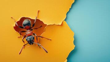 ai genererad en humoristisk myra kamrater genom en rev hål i en kontrast pastell Färg papper bakgrund, ai genererad foto