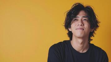 ai genererad Häftigt och skön japansk skådespelare 30 år gammal, modern frisyr på ljus gul bakgrund foto