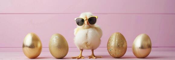 ai genererad Lycklig påsk begrepp kyckling bär solglasögon foto