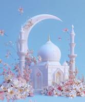 ai genererad moské och måne med blommor mot blå bakgrund foto