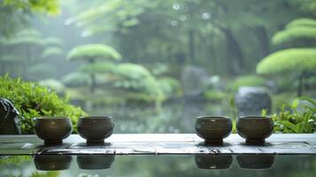 ai genererad lugn tradition. traditionell japansk te ceremoni uppsättning i en lugn trädgård miljö, nedsänkning deltagarna i en kulturell ritual av te uppskattning och harmoni med natur. foto