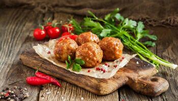 ai genererad saftig köttbullar på en trä- bas foto