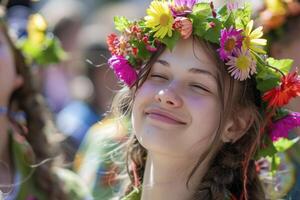 ai genererad en flicka ler och bär färgrik blommor på henne huvud under ett utomhus- festival i vår foto