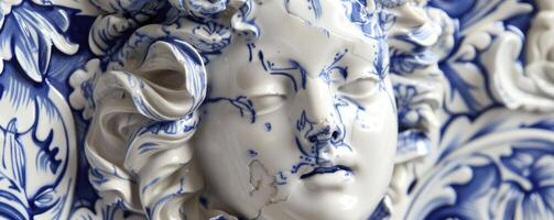 ai genererad barock elegans. skulpterad kvinna figur Utsmyckad med yta blå och vit porslin mönster, utsöndrar tidlös skönhet och nåd. foto