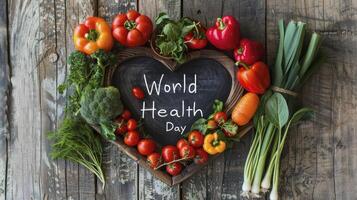 ai genererad hjärta formad färsk grönsaker med de text värld hälsa dag foto
