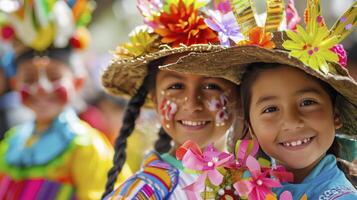 ai genererad en flicka ler och bär färgrik blommor på henne huvud under ett utomhus- festival i vår foto