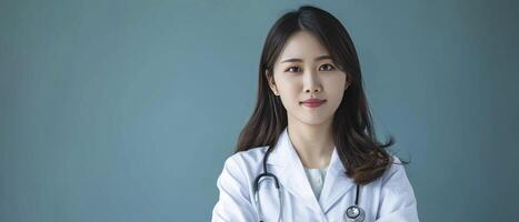 ai genererad ung asiatisk läkare kvinna. en porträtt av professionalism och medkänsla i sjukvård. foto