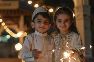 ai genererad muslim liten pojke och flicka spelar med tomtebloss. kalibrering de eid mubarak foto