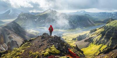 ai genererad resa äventyr spännande bild av en person utforska en hisnande berg landskap, inspirerande reslust foto