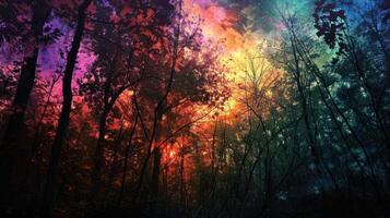 ai genererad dimmig skog med färgrik ljus i de morgon. foto