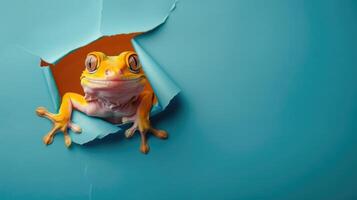 ai genererad en humoristisk gecko kamrater genom en rev hål i en kontrast pastell Färg papper bakgrund, ai genererad foto