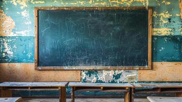 ai genererad tömma svarta tavlan väntar i en klassrum miljö, redo för lektioner. ai genererad. foto