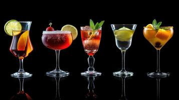 ai genererad sortiment av olika cocktails presenteras på en elegant svart bakgrund, erbjudande en sofistikerad visa. ai genererad. foto