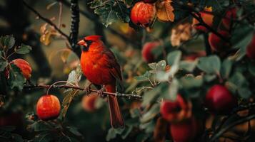 ai genererad elegans personifierad en fantastisk röd fågel uppflugen på en träd gren, en pittoresk ögonblick, ai genererad. foto