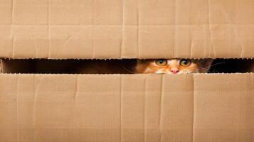 ai genererad en ingefära katt kikar ut från en brun kartong låda, en charmig kattdjur ögonblick, ai genererad. foto