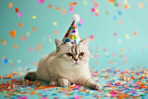 ai genererad kort hår katt bär en färgrik födelsedag hatt foto