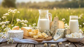 ai genererad mjölk och flera typer av ost och stuga ost på en trä- tabell på en bruka mot en fält, mejeri bruka Produkter foto