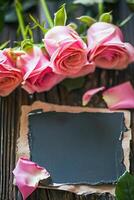 ai genererad hjärtans dag kort med Plats för text, skön rosa reste sig blomma bukett, Grattis och årsdag begrepp, valentine s dag bakgrund foto