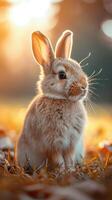 ai genererad en söt liten kanin spelar lyckligt på de gräsmatta foto