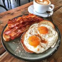 ai genererad fotorealistisk bild av friterad ägg på rostat bröd med bacon. utsökt frukost foto